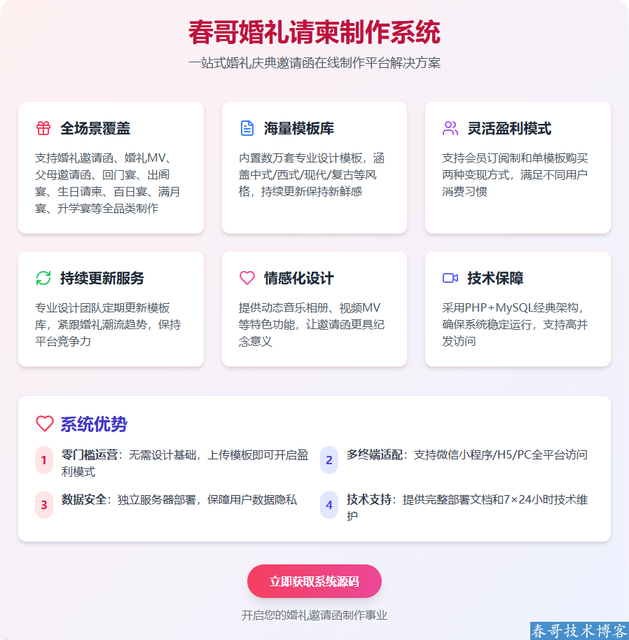 春哥婚礼请柬邀请函在线制作小程序源码系统全新升级发布! 春哥婚礼请柬邀请函在线制作小程序源码系统全新升级发布!